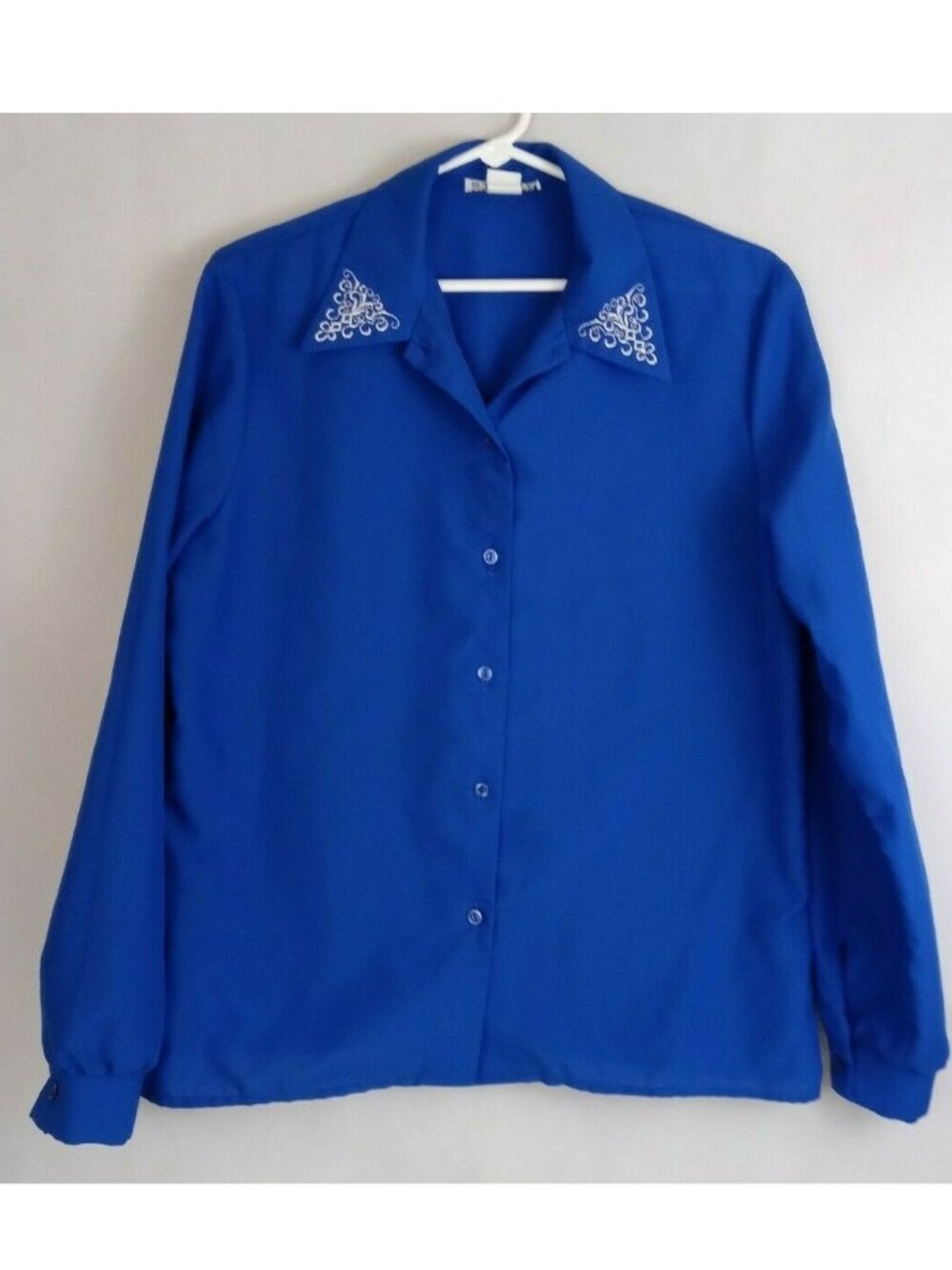Stacy Michaels Blue Long Sleeve Blouse With Silver Embroidery On Collar Medium